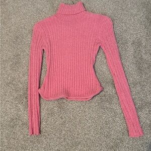 Pink Ribbed Turtleneck Sweater